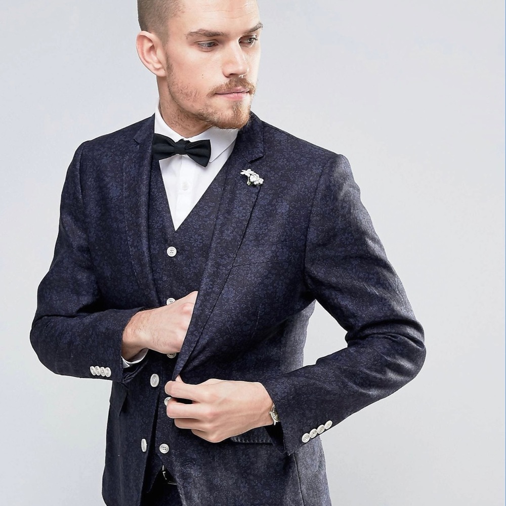 Gianni Feraud Slim Fit Linen Floral Wedding Suit Jacket With Floral Lapel Pin
